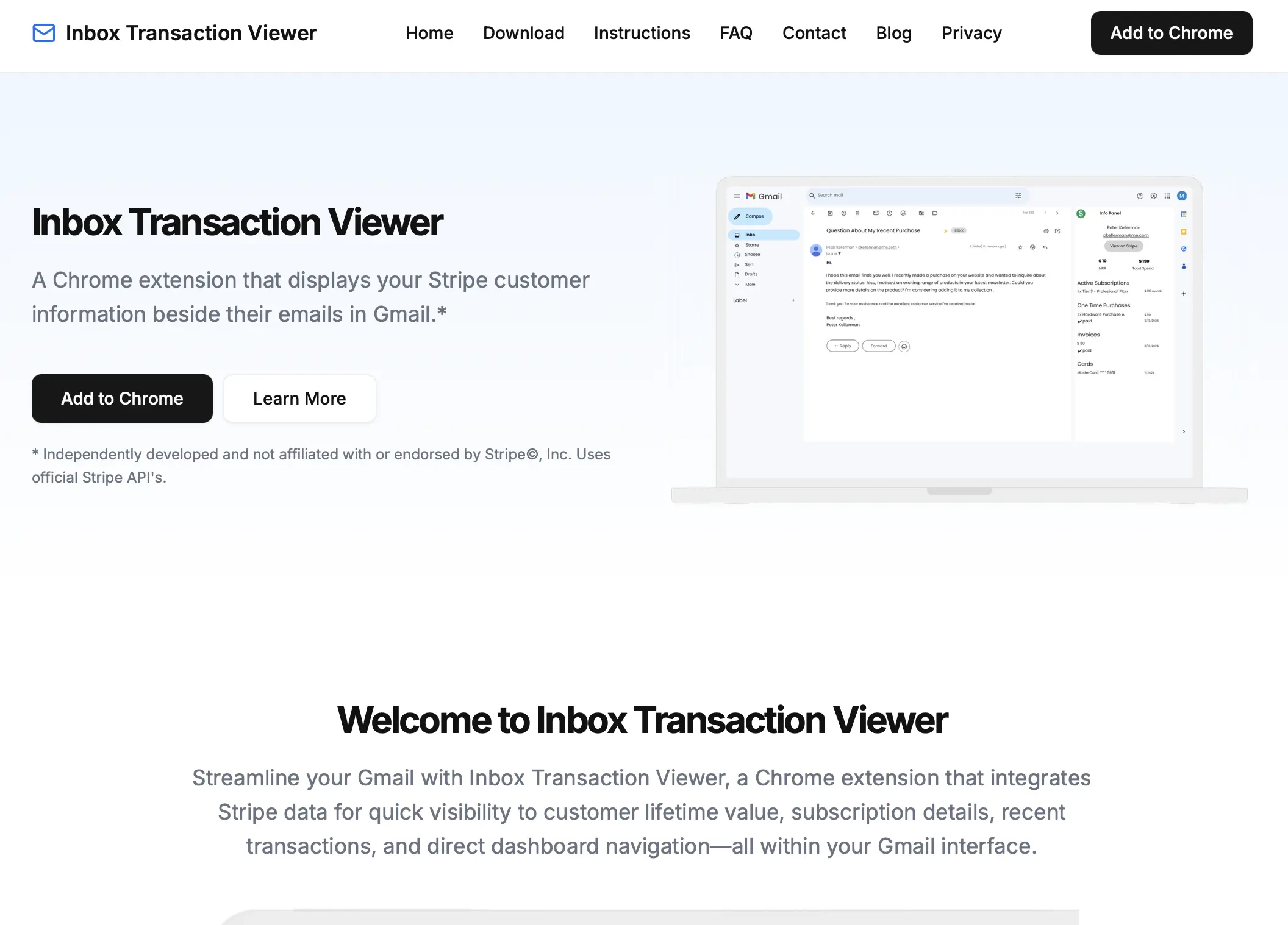 Inbox Transaction Viewer - Gmail Stripe integration showing customer data